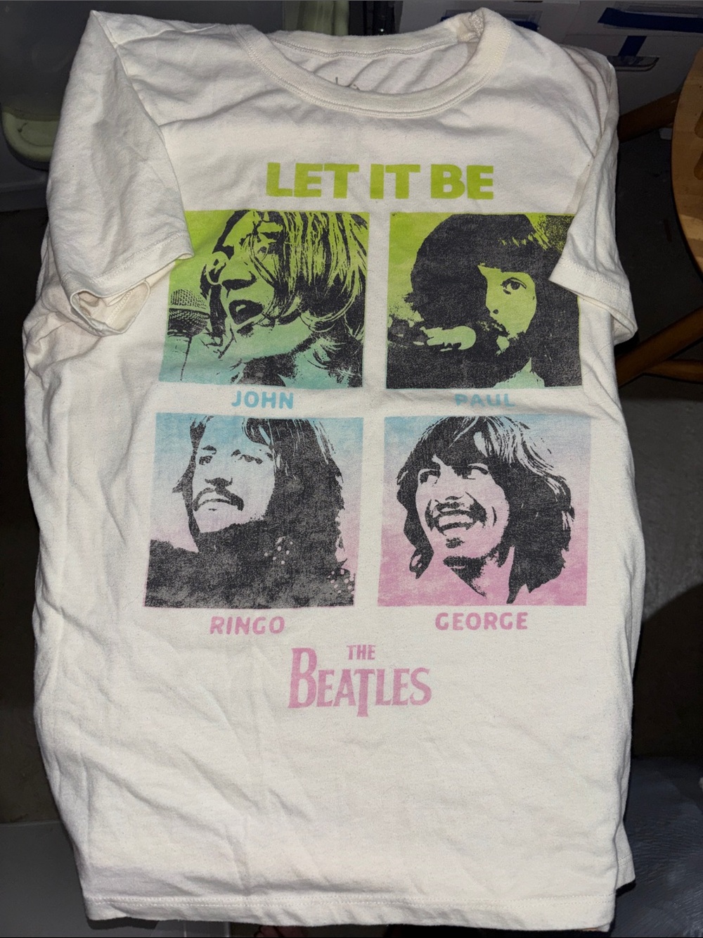 The Beatles White LET IT BE Graphic Tee with Pastel Green, Blue, Pink Accents